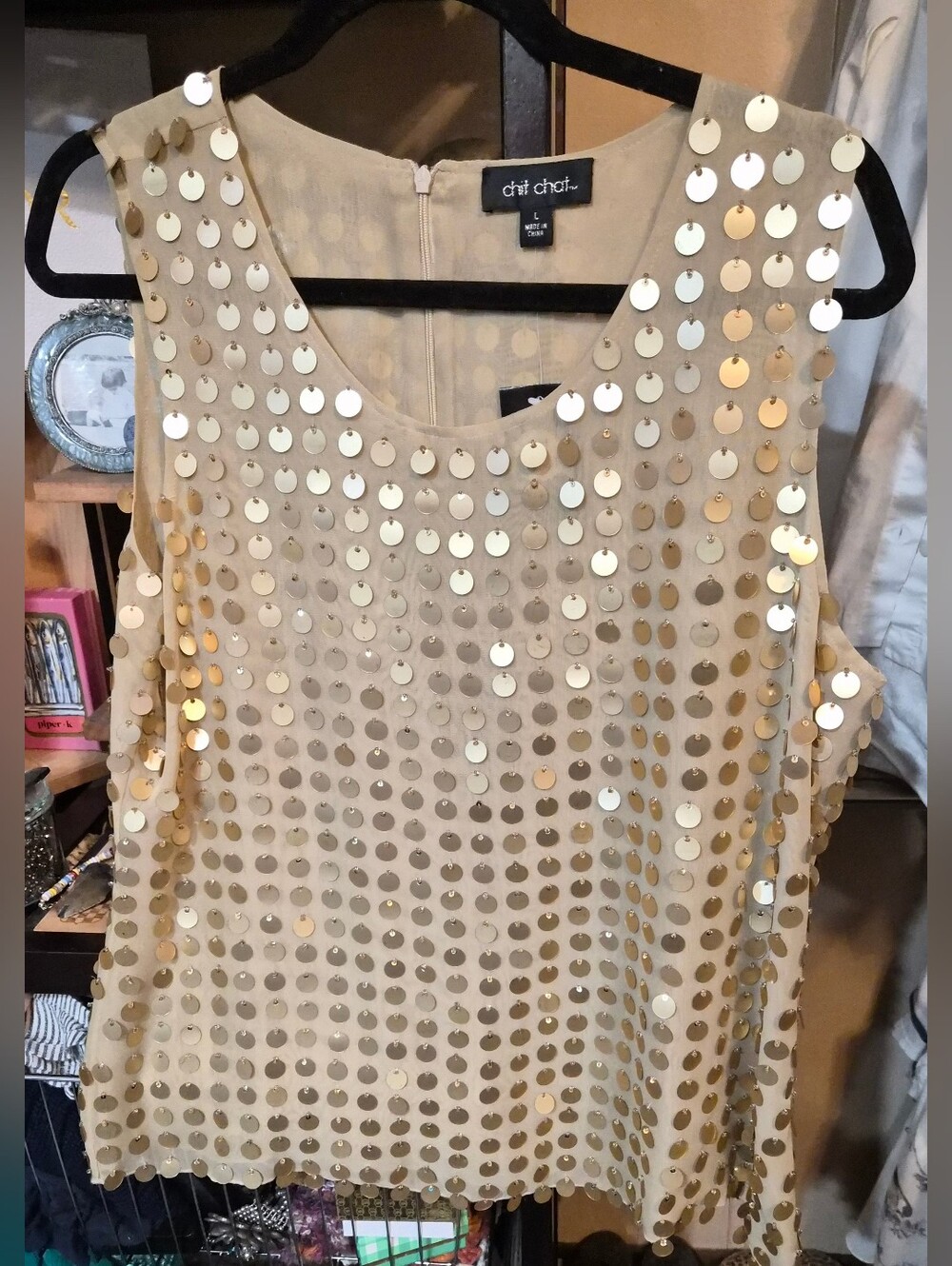 chit chat Women's Size L Chiffon Sequin Scoop Neck Zip Back Tank Top